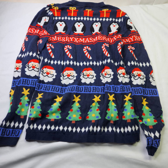 H&M Christmas Friends Sweater Size XS Holiday Santa Print Blue Pullover Shirt - Picture 2 of 5